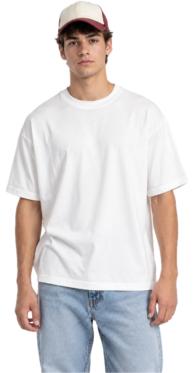 AI-generated model in a cream and burgundy cap, a white boxy tee and straight jeans