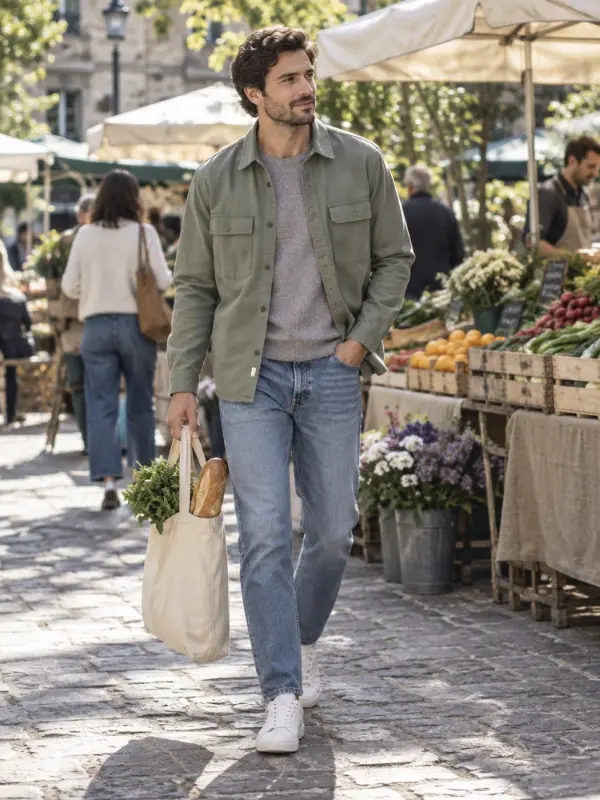 AI-generated example look: sage overshirt over a grey knit, light-wash jeans and white trainers