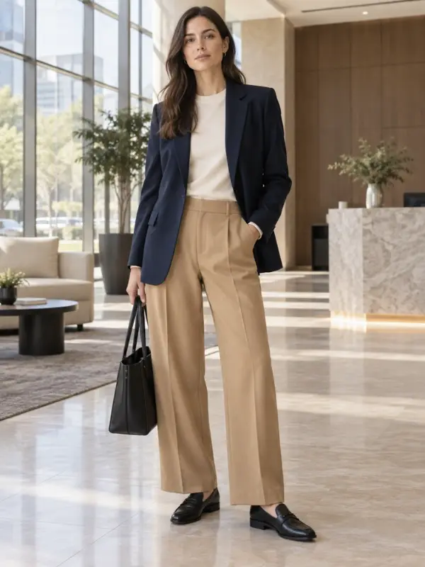 AI-generated example look: navy blazer over a cream knit, camel wide-leg trousers, black loafers and a black tote
