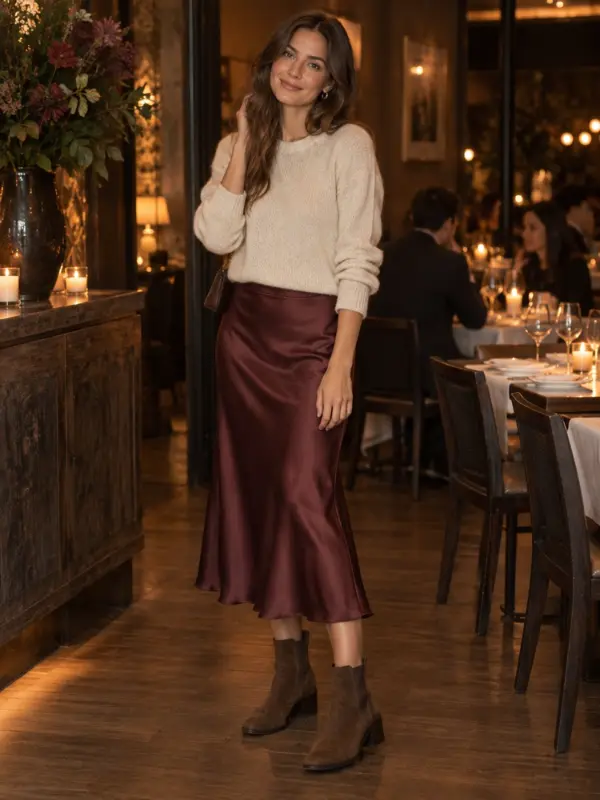 AI-generated example look: cream knit jumper, burgundy satin midi skirt and brown suede ankle boots