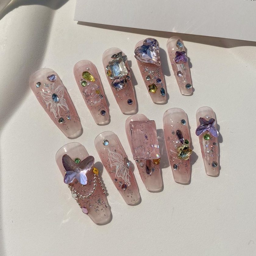 Transparent powder full of diamonds press on nails - Image 2