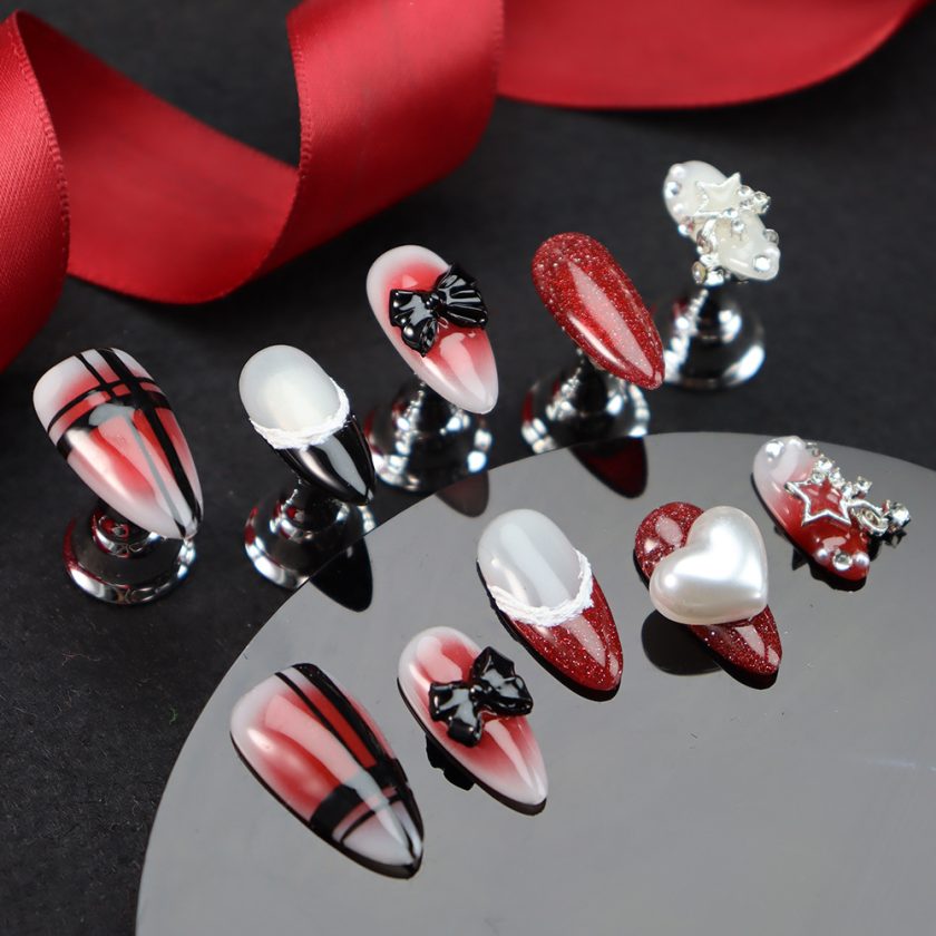 Hot girl style light luxury three-dimensional black bow heart press on nails - Image 3