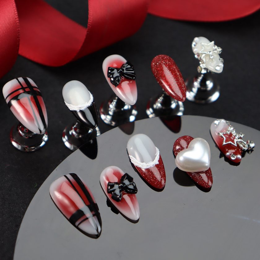 Hot girl style light luxury three-dimensional black bow heart press on nails - Image 4