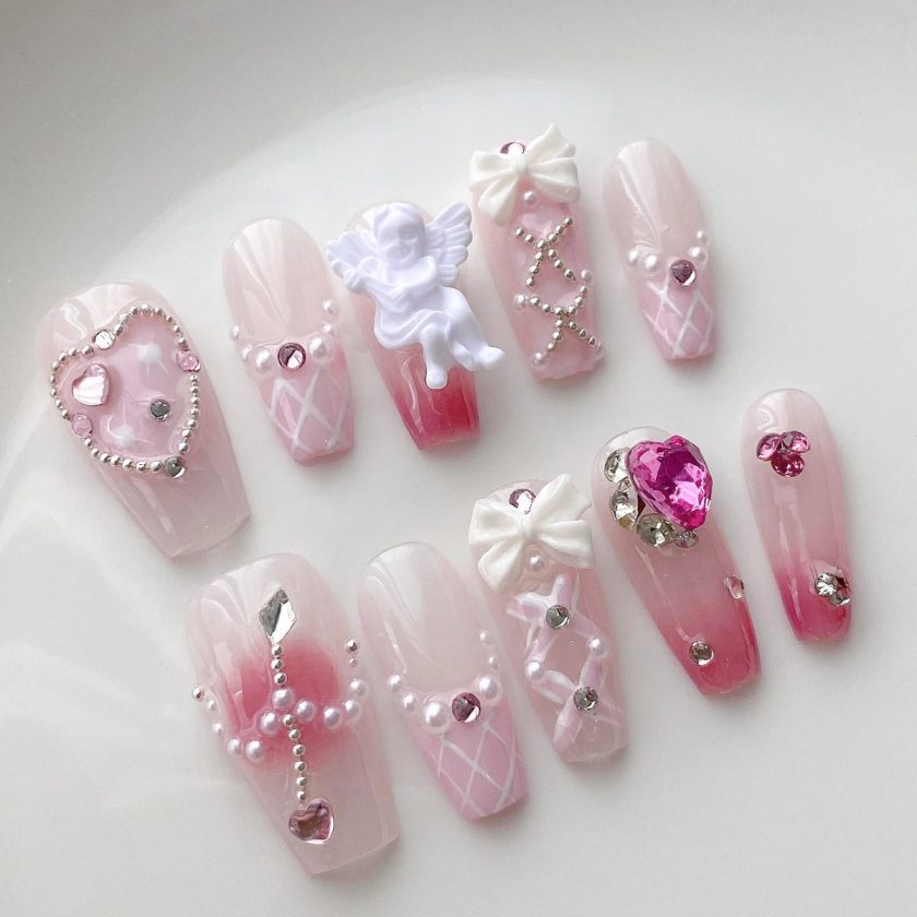 Baroque Cupid's Arrow Angel Pink Plaid Girly Heart press on nails - Image 2