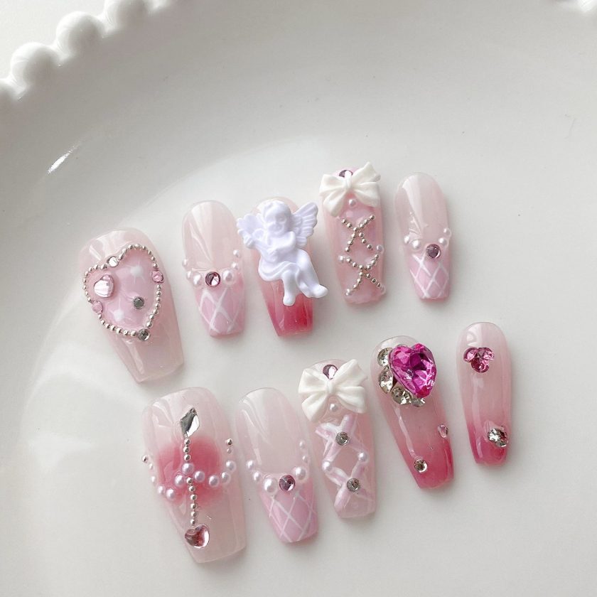 Baroque Cupid's Arrow Angel Pink Plaid Girly Heart press on nails - Image 3