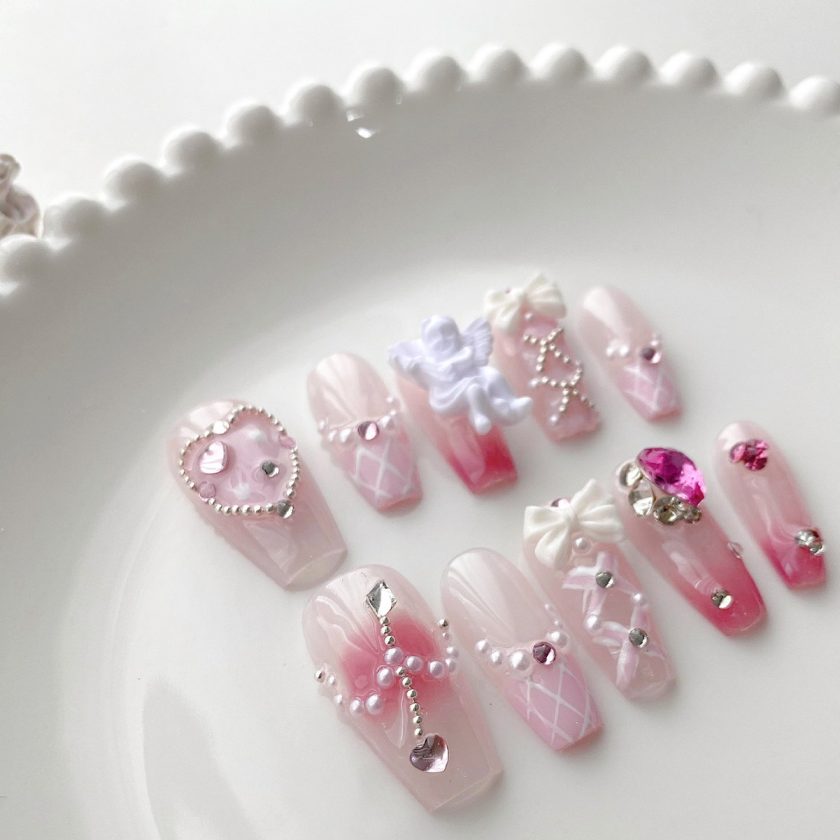 Baroque Cupid's Arrow Angel Pink Plaid Girly Heart press on nails - Image 4