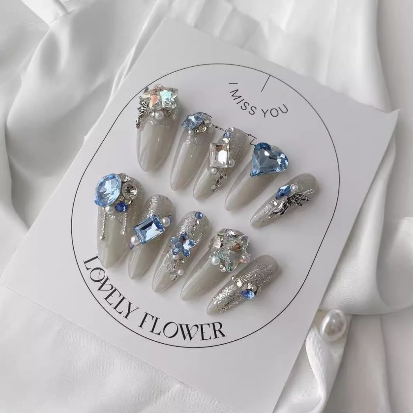 Blue Ocean Stars Flash Diamond Sticker Light L uxury press on nails