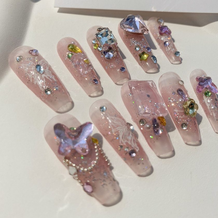 Transparent powder full of diamonds press on nails - Image 3