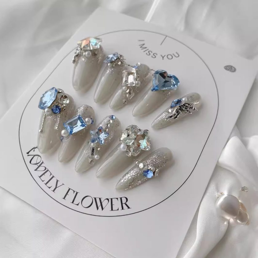 Blue Ocean Stars Flash Diamond Sticker Light L uxury press on nails - Image 3