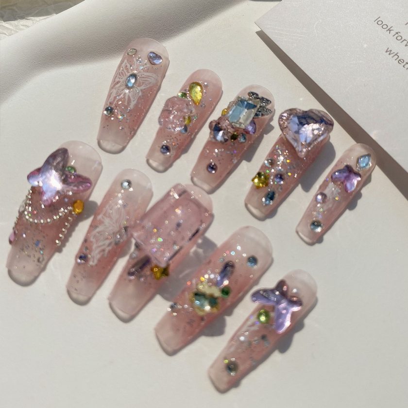 Transparent powder full of diamonds press on nails - Image 4