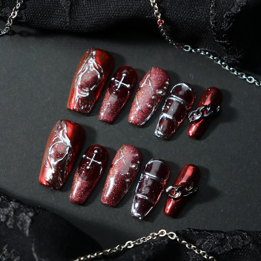 High-grade light luxury wine red French metal style press on nails - Image 2