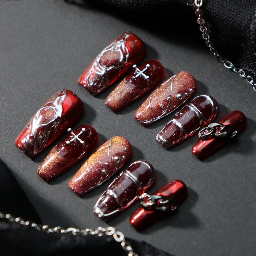 High-grade light luxury wine red French metal style press on nails - Image 3