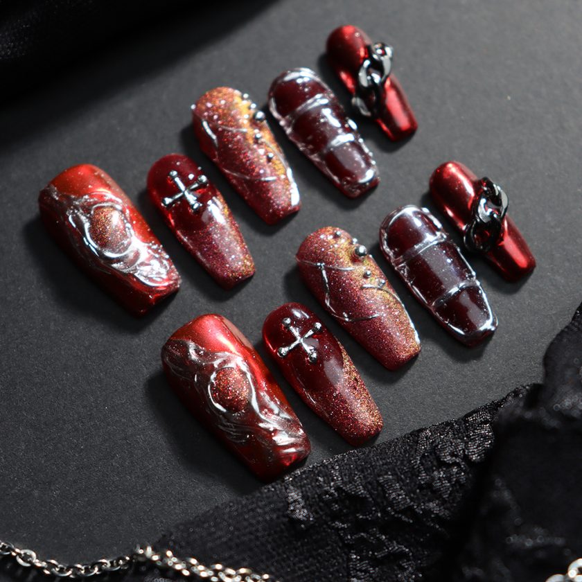 High-grade light luxury wine red French metal style press on nails - Image 4