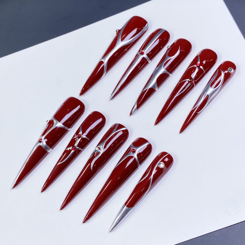 Dark Red Extra Long Stiletto Press on Nails - Image 3