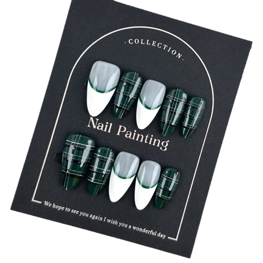 Plaid Dark Green Press on Nails - Image 4