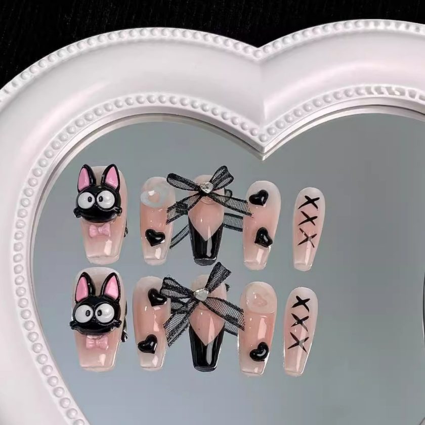 Black Cat Cartoon Heart Bow Press on Nails - Image 3