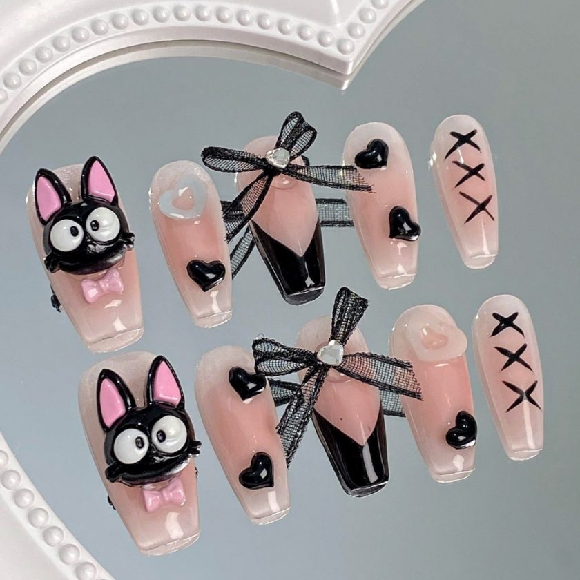 Black Cat Cartoon Heart Bow Press on Nails