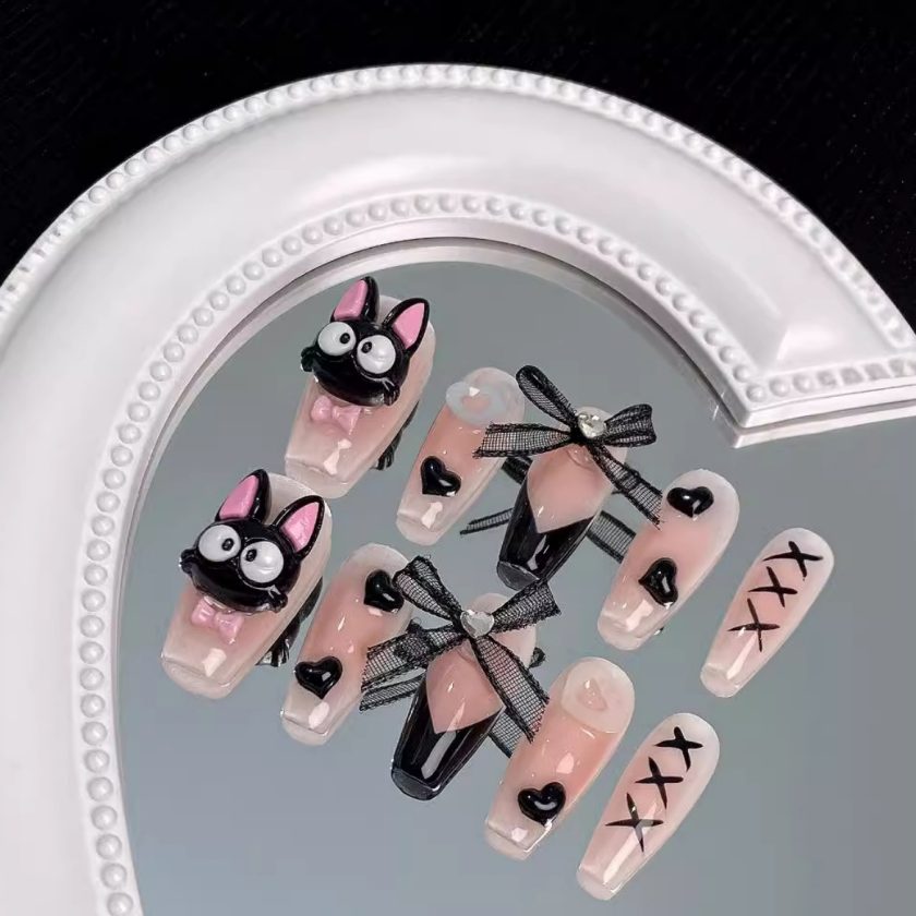 Black Cat Cartoon Heart Bow Press on Nails - Image 2