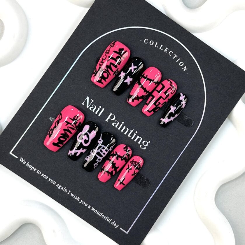 Black and Pink Graffiti Press on Nails