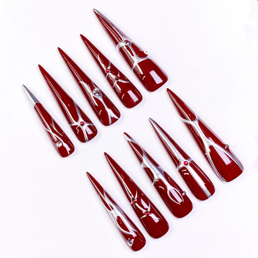 Dark Red Extra Long Stiletto Press on Nails - Image 2